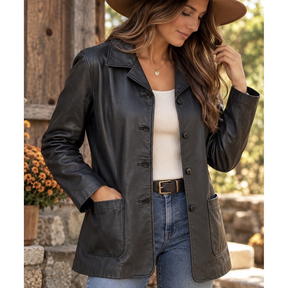 Pacific Rose Black Leather Classic Car Coat Womens M Button Front Quilted Jacket